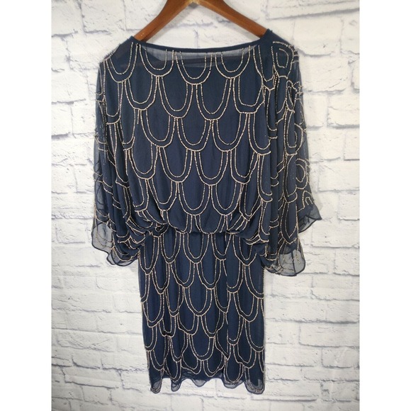 Cache’ Women’s Size 0 Beaded Blouson Chiffon Dress‎ Navy Bronze - Picture 4 of 7